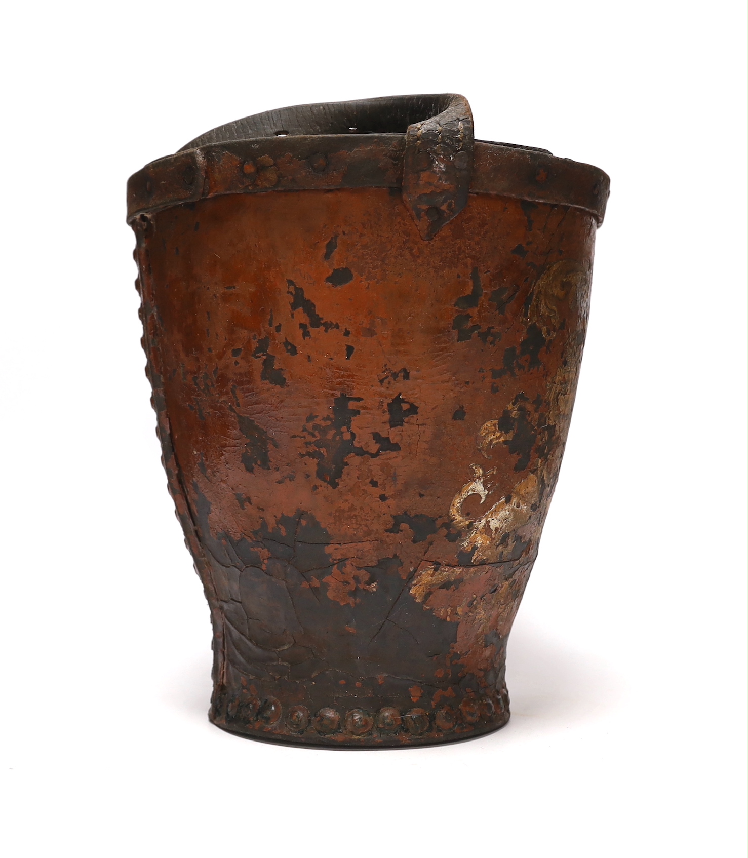 A painted leather fire bucket with armorial crest, 29cm high